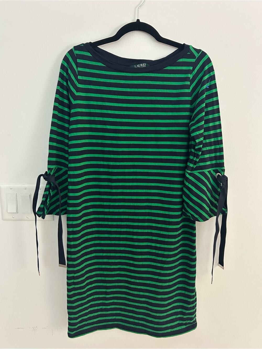 Lauren Ralph Lauren Dress M Green Navy Stripe Cotton Tie Bell Sleeve Preppy